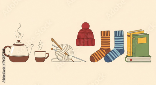 Cozy winter scene with tea, knitting, hat, socks, and books on a beige background.
