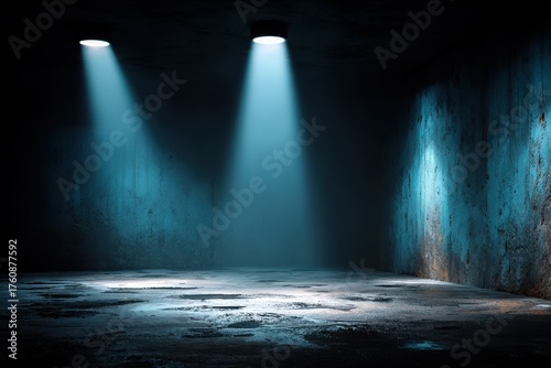 Two spotlights illuminate a dark, damp concrete room. Perfect for crime scene visuals, or mystery backgrounds.