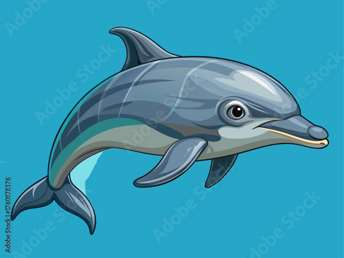 Realistic vector of gray dolphin swimming underwater, detailed texture, isolated on soft blue background, calm marine illustration, ocean wildlife art