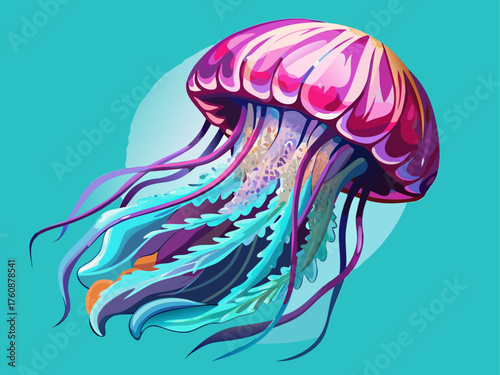 Realistic vector illustration of jellyfish floating underwater, transparent body with pink and blue hues, isolated on light aqua background, marine art