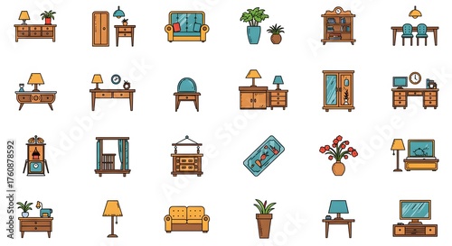 Collection of Various Household Furniture and Decor Icons: Flat Design for Interior Design Concepts