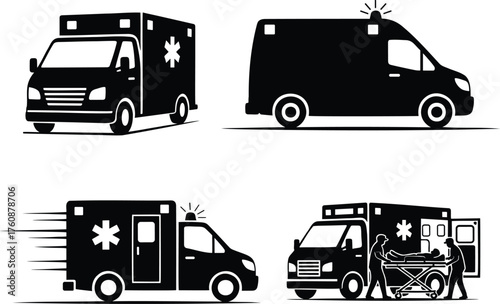 Ambulance Silhouette Vector Set — Emergency Medical Transport and Rescue Vehicles