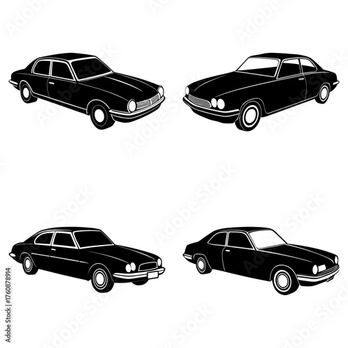 Four black and white illustrations of classic cars in varying perspectives and body styles shown together