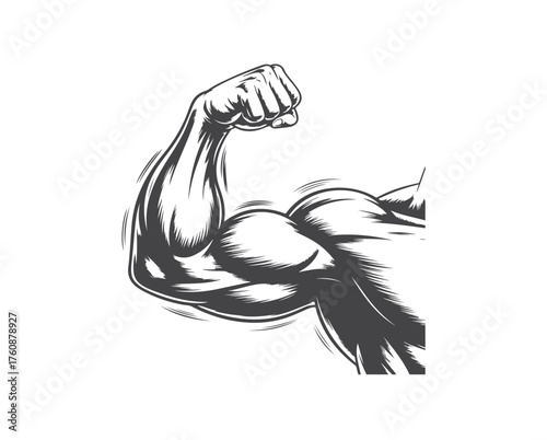 Powerful black and white vector of a muscular arm flexing, symbolizing strength, gym fitness, and determination. Perfect for bodybuilding, logo design, or sports motivation artwork.
