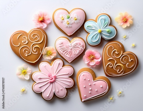 cute gingerbread and cookies in the shape of flowers and hearts on white background