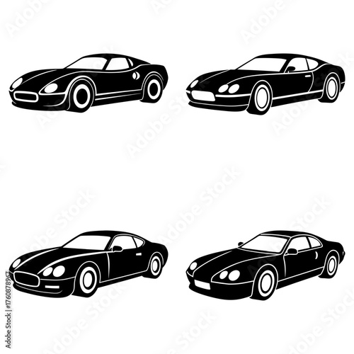 Four black and white silhouette illustrations of sports cars in varying styles and perspectives shown