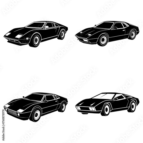 Four outlined vintage cars in black and white showing different angles and perspectives of the vehicle
