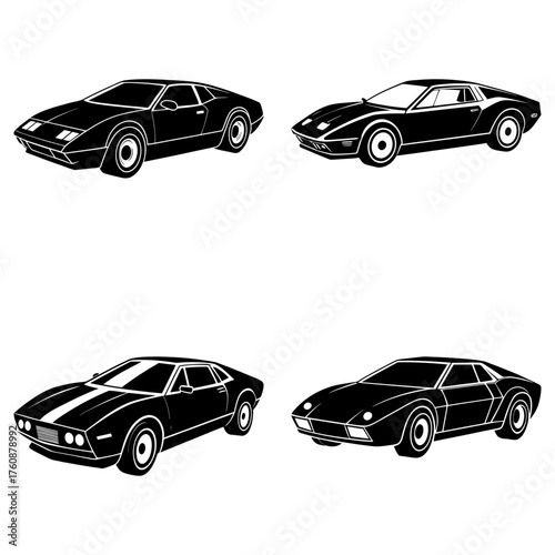 Four black classic cars in different angles and designs on a white background showcasing automotive art