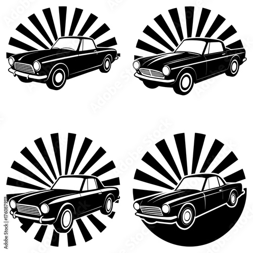Four vintage cars in black and white with radiating lines in a circular design on a white background