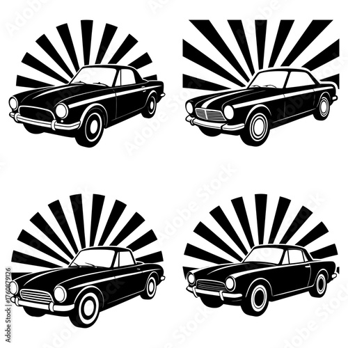 Four vintage cars with sunburst background in black and white vector illustration design art