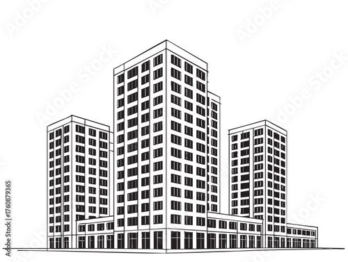 High rise building complex apartment with black window sketch. Line art