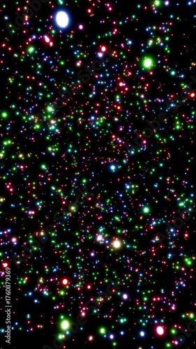 Vertical video parallax effect of glowing colored particles rotating seamlessly 3d render. Looping abstract rotating particle overlay for greetings, holidays, weddings, awards, Christmas