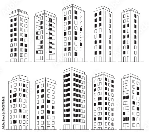 High rise building complex apartment with black window sketch. Set. Line art