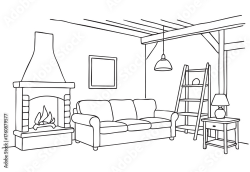 Fireplace in living room graphic black white interior sketch illustration vector