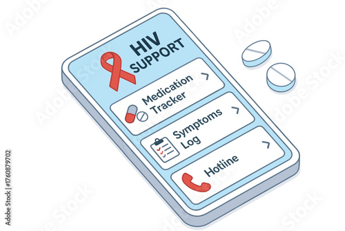 Hiv support app interface featuring medication tracker and hotline access