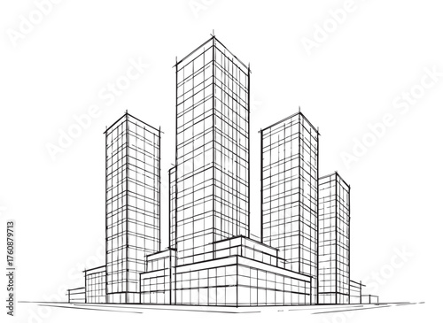 High rise building complex apartment with black window sketch. Set. Line art