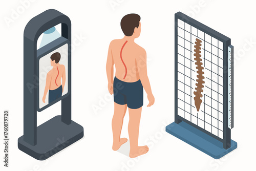 Male adult with spine condition examining deformity reflection and spine model