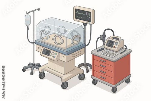 Medical equipment in hospital scene: incubator, iv stand, ecg monitoring