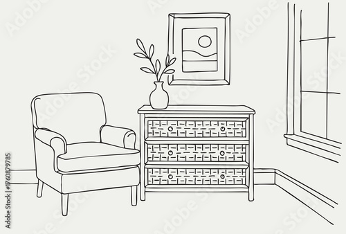 line sketch grange room home with woven dresser on white background