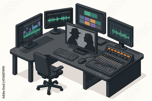 Modern audio mixing desk with multiple monitors and control panel in studio setting