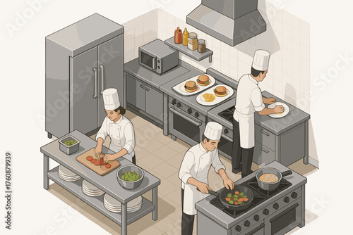 Three male chefs preparing meals in professional kitchen with stainless steel equipment
