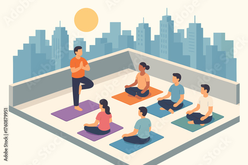 Outdoor rooftop yoga class with diverse adults in urban setting