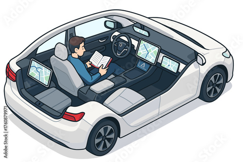 Young caucasian male reading inside self-driving car with multiple screens displaying maps