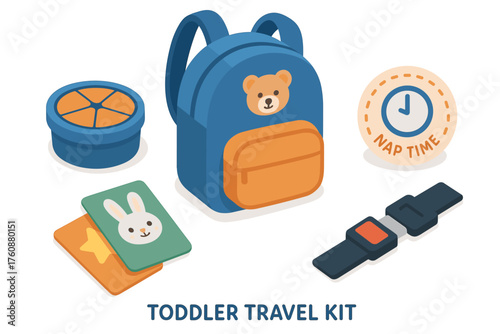Colorful toddler travel kit with backpack toys and accessories
