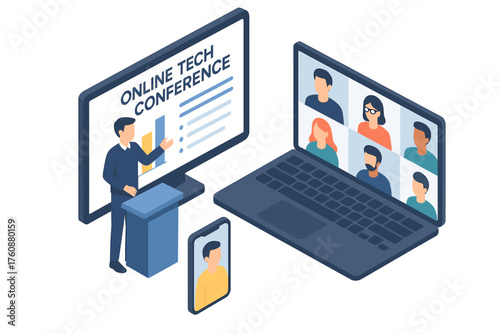 Virtual tech conference with speaker and diverse participants on multiple devices
