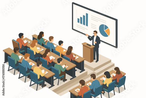 Male instructor teaching seminar with diverse group of young adults analyzing data presentation