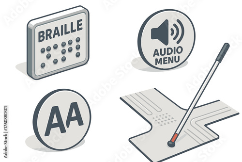 Accessibility features: braille, audio menu, assistive cane, large text