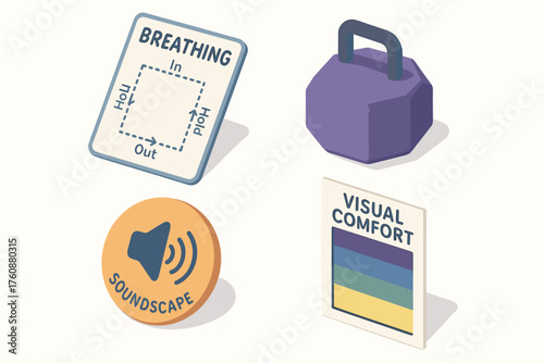 Isometric wellness symbols featuring breathing exercises, soundscapes, visual comfort, kettlebell