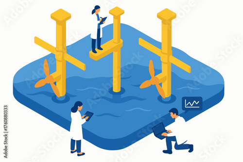 Researchers analyzing tidal energy turbine model with digital devices