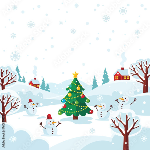 Cartoon Christmas Tree with Star Topper and Colorful Ornaments in Snowy Landscape.
