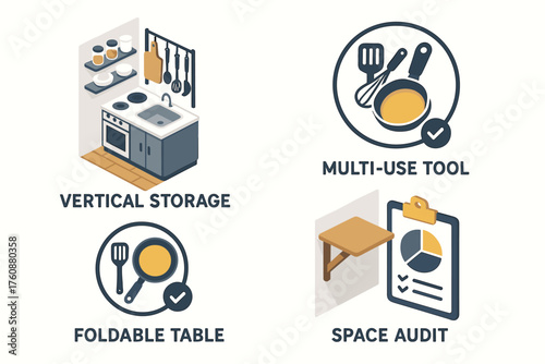 Innovative kitchen solutions: vertical storage, multi-use tools, foldable table, space audit