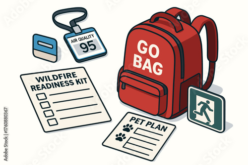 Wildfire readiness kit essentials: go bag, air quality monitor, pet plan, and evacuation sign