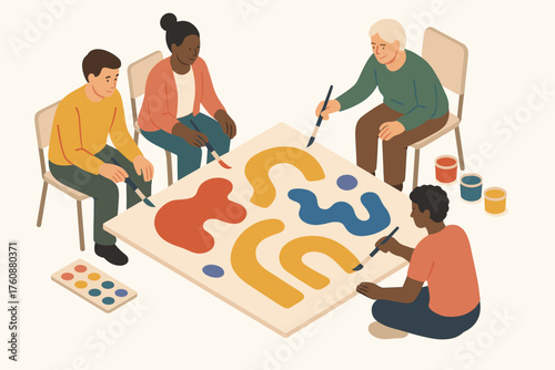 Diverse group painting together: collaborative art with adults from various backgrounds