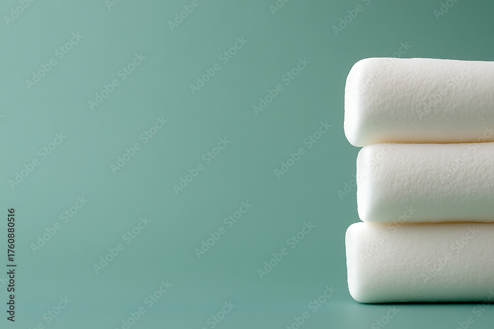 Fototapeta premium A trio of fluffy marshmallows stacked on a serene blue backdrop. The confectionery delight sits gracefully. A simple yet soothing composition, inviting sweetness.
