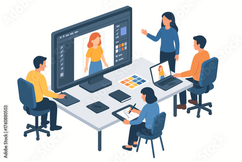 Diverse creative team collaborating on digital design project in modern workspace