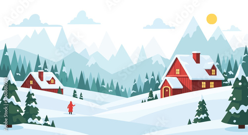 Charming Red Winter Cabins with SnowCovered Roofs in Snowy Landscape.