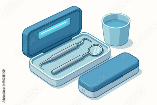 Isometric dental tools with mirror and cup in sterilization case