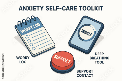 Anxiety self-care toolkit with worry log, deep breathing tool, and support contact