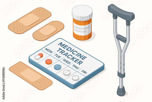 Medical supplies: medicine tracker, pill bottle, bandages, crutch for health management