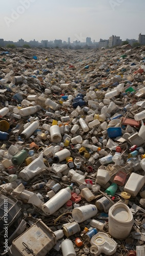 Environmental pollution caused by plastic waste and bottles in a landfill near a city area