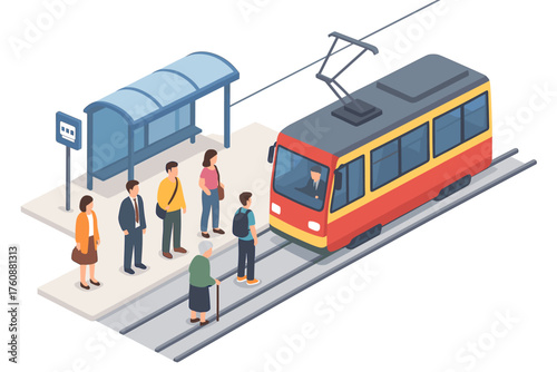 Diverse people waiting at tram stop with yellow-red tram approaching on a clear day