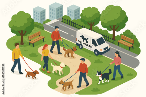 Diverse adults walking dogs in park with dog walking van nearby