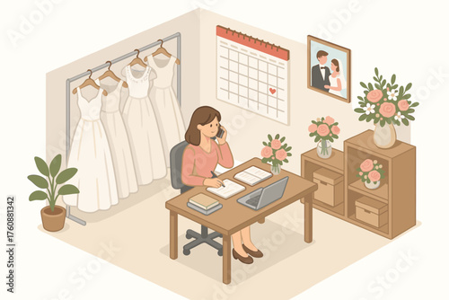 Female wedding planner in office with bridal dresses and floral decor