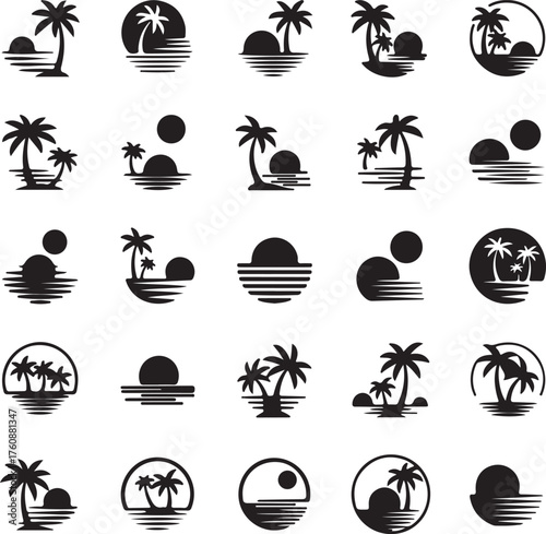 vector art plum tree sunrise logo icon set design 