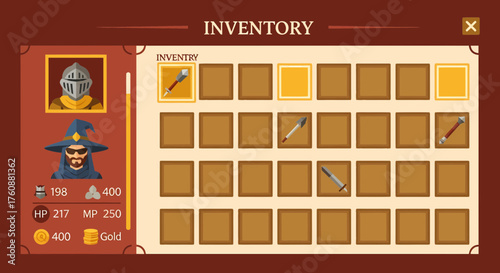 Fantasy Game Inventory Interface With Characters And Weapons Assets