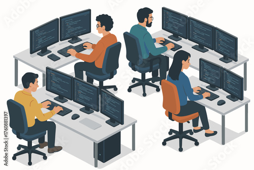 Diverse group of young adults coding at office desks with multiple monitors